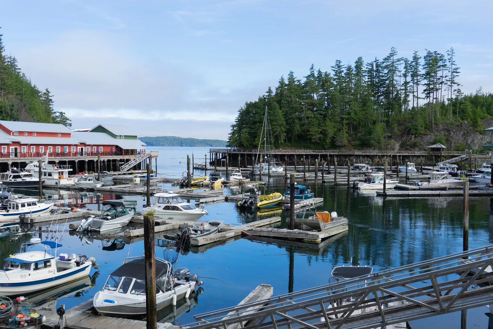 Der historische Hafen von Telegraph Cove mit Holzhäusern auf Stelzen