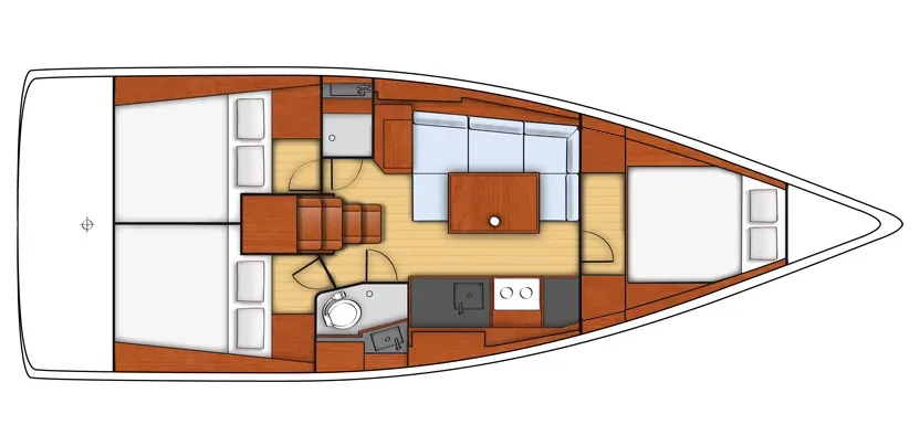 Grundriss der Beneteau Oceanis 38 mit drei Kabinen, Salon, Pantry und Bad
